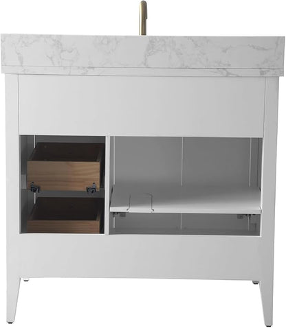 Vanity Art 36 inch Bathroom Vanity with Single Sink & Ceramic Top, Vanity Cabinet with Soft-Closing Door, Solid Wood Frame, Linear Pattern, White, VA9136-W-MB,Matte Black Handles
