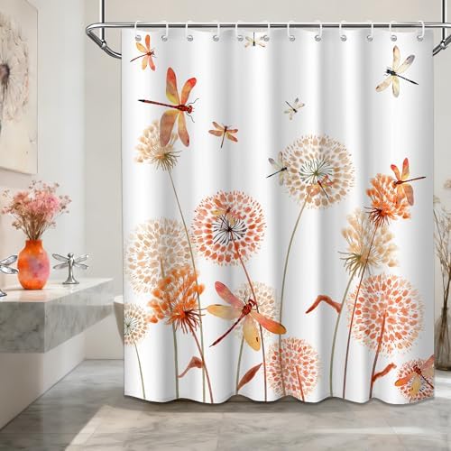 Orange Dandelion Shower Curtain Spring Dragonfly White Watercolor Shower Curtains for Bathroom Decor, Waterproof Cloth Fabric with Hooks 70" Wx72 L