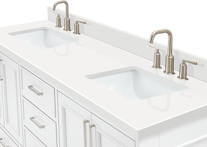 ARIEL Stafford 72-inch Bathroom Vanity with Sink,Solid Wood, 1.5-inch Pure White Quartz Countertop & Backsplash, Double Rectangular Porcelain Sink, 4 Soft Closing Doors, 6 Dovetail Drawers, White