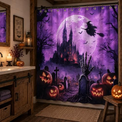 Halloween Shower Curtain, Purple Gothic Castle Bathroom Curtain, Witch Moon Bats Pumpkin Graveyard Spooky Waterproof Polyester Fabric Bath Curtain with Hooks 72x72 Inch