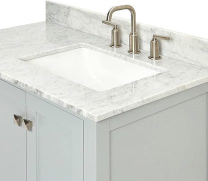 ARIEL Cambridge 36-inch Bathroom Vanity with Sink,Solid Wood, 0.75-inch Italian Carrara Marble Countertop, Single Rectangular Porcelain Sink, 2 Soft Closing Doors, 5 Dovetail Drawers, Grey