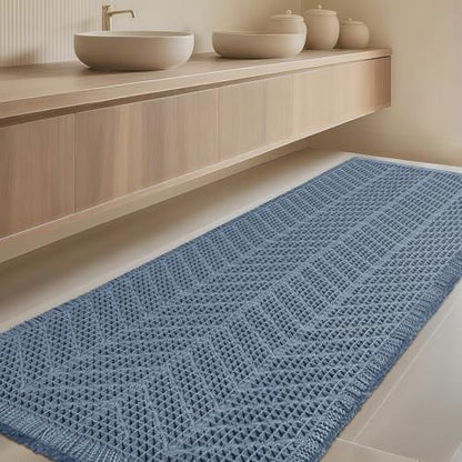 IM HOME Extra Large Waffle Bath Mat, Boho Bathroom Rugs Absorbent Non Slip, Ultra Soft Bathroom Mat, Machine Washable Knit Bath Rugs with Herringbones for Bathroom,Bedroom,Kitchen,Shower,6'x2', Blue