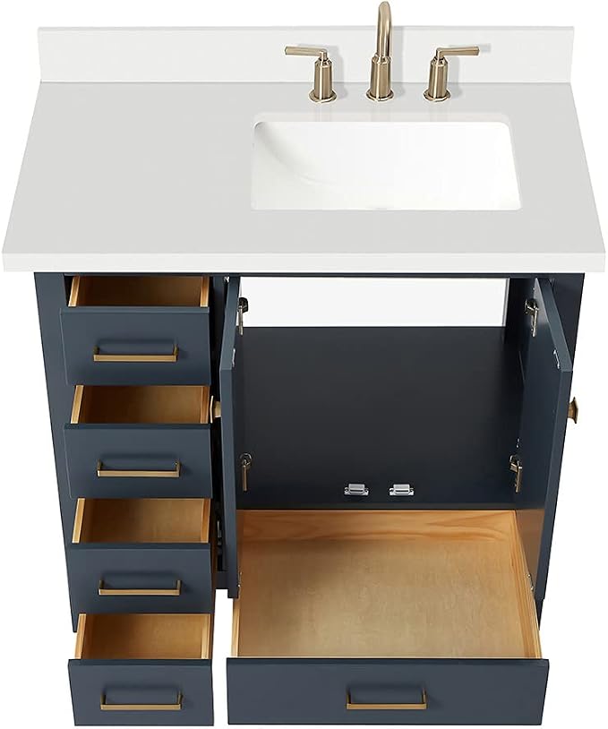 ARIEL Cambridge 36-inch Bathroom Vanity with Sink,Solid Wood, 1.5-inch Pure White Quartz Countertop, Single Rectangular Porcelain Sink, 2 Soft Closing Doors, 5 Dovetail Drawers, Midnight Blue