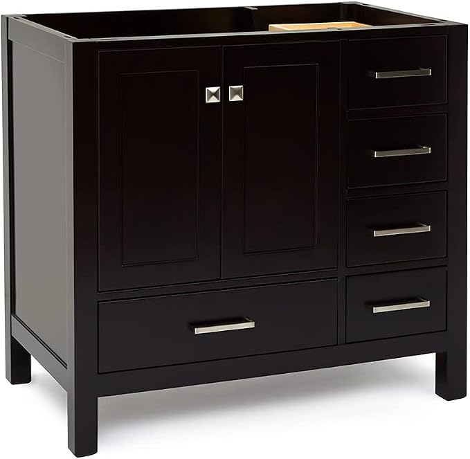 ARIEL Cambridge 36-inch Bathroom Vanity Base Cabinet,Solid Wood, 2 Soft Closing Doors, 5 Dovetail Drawers, Espresso