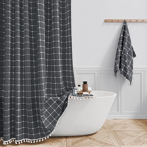 BTTN Stall Boho Farmhouse Linen Shower Curtain Set, 36x72, Charcoal Gray
