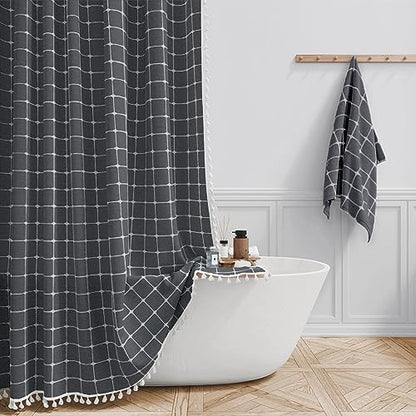 BTTN Stall Boho Farmhouse Linen Shower Curtain Set, 36x72, Charcoal Gray