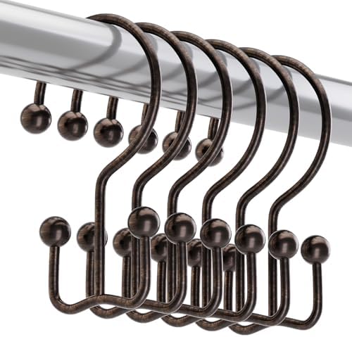 Titanker Shower Curtain Hooks Rings, Rust Resistant Metal Minimalist Simple Double Glide Shower Hooks Rings for Bathroom Shower Rods Curtains, Set of 12 Hooks - Bronze