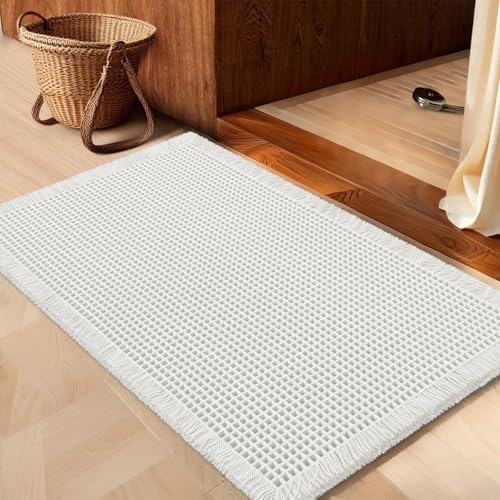 IM HOME Waffle Bath Mat White 24"x17",Boho Woven Modern Bath Mat Rugs, Absorbent Non Slip Bathroom Rugs, Soft Washable Bath Rugs with Tassels for Bedroom, Kitchen, Shower, Tub