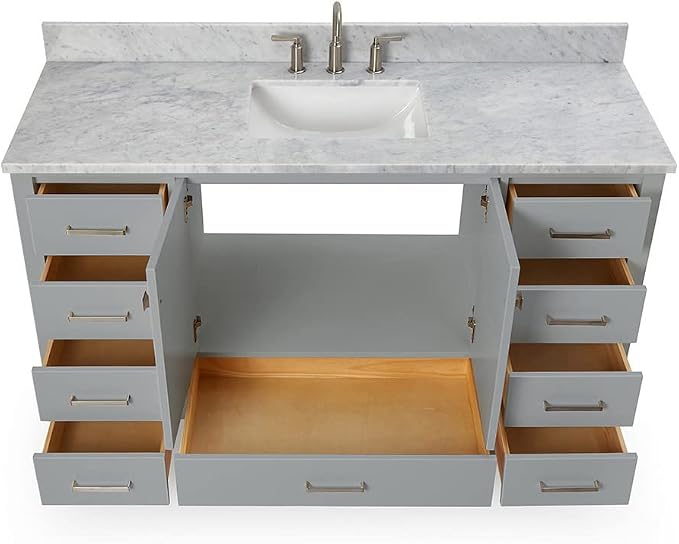 ARIEL Cambridge 60-inch Bathroom Vanity with Sink,Solid Wood, 0.75-inch Italian Carrara Marble Countertop, Single Rectangular Porcelain Sink, 2 Soft Closing Doors, 9 Dovetail Drawers, Grey