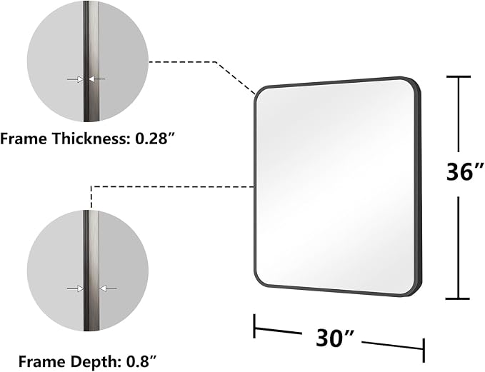Koonmi Bathroom Mirror, 30X36 Inch Black Metal Framed Mirror for Bathroom, Tempered Glass, Anti-Rust, Rounded Rectangle Mirror for Restroom, Bedroom, Black