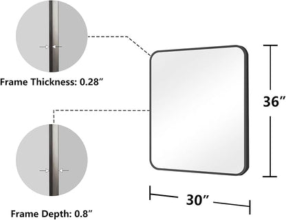Koonmi Bathroom Mirror, 30X36 Inch Black Metal Framed Mirror for Bathroom, Tempered Glass, Anti-Rust, Rounded Rectangle Mirror for Restroom, Bedroom, Black