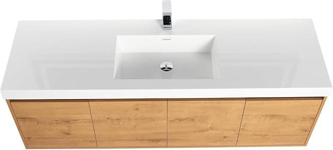 Blossom 60 Inch Bathroom Vanity with Sink, Wall Mounted Floating Bathroom Vanity Cabinet with Acrylic Sink, All Wood Soft Close Doors and Storage, Space Saving Design, Classic Oak Finish