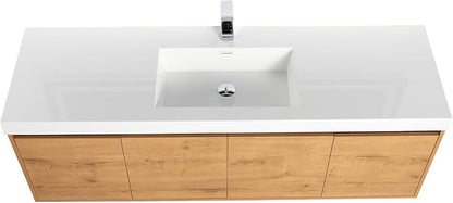 Blossom 60 Inch Bathroom Vanity with Sink, Wall Mounted Floating Bathroom Vanity Cabinet with Acrylic Sink, All Wood Soft Close Doors and Storage, Space Saving Design, Classic Oak Finish