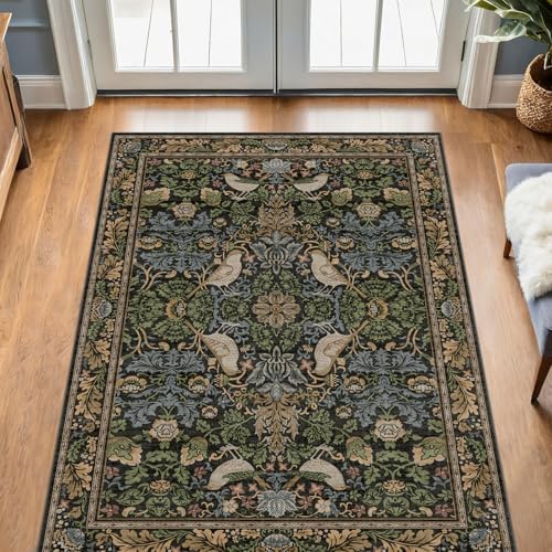 Washable 4x6 Area Rug for Living Room - Soft Moody Rug for Kitchen, Office, Large Entryway, Rustic Botanical Decor, Non-Slip Low Pile Dark Green and Brown Ultra Soft Bird Carpet