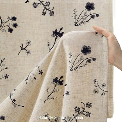Black Floral Vintage Linen Shower Curtain Embroidered Textured 72Wx72H