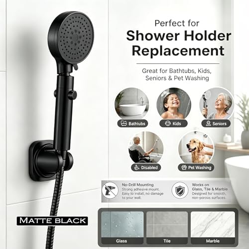 Handheld Shower Head Holder - 5 Positions Adjustable - Concealed Adhesive Mount with Screw Option- Bathroom Wall Mount Shower Hose Holder (Matte Black)
