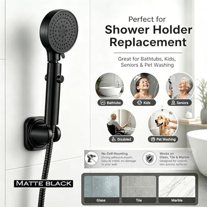Handheld Shower Head Holder - 5 Positions Adjustable - Concealed Adhesive Mount with Screw Option- Bathroom Wall Mount Shower Hose Holder (Matte Black)