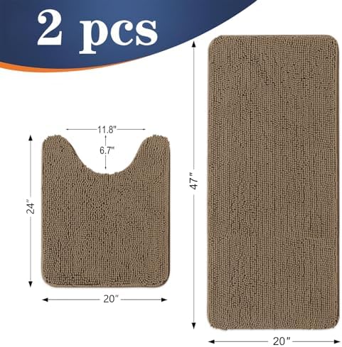 OLANLY Chenille Bathroom Rugs Mats Sets 2 Piece, 47"x20"+24"x20", Tan