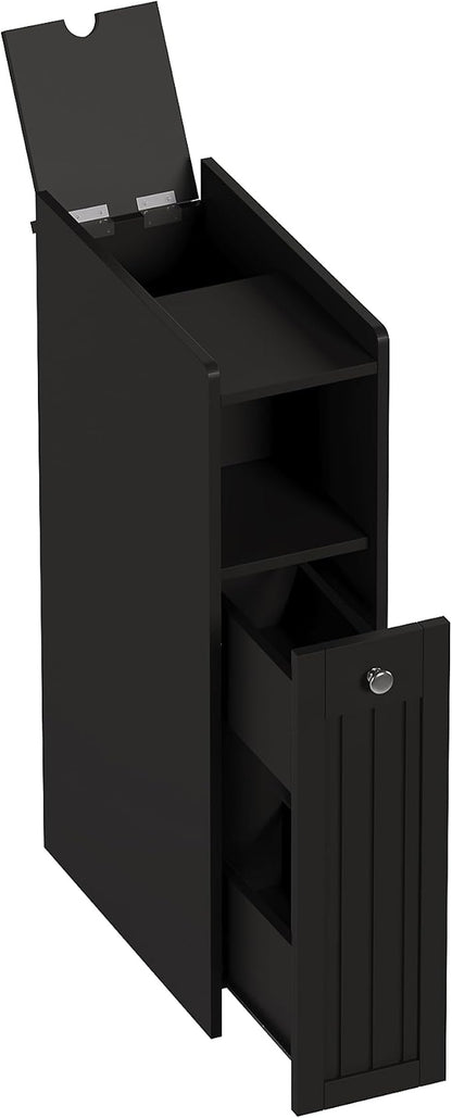 ChooChoo Slim Bathroom Storage Cabinet with Slide Out Drawers | Narrow Storage Organizer with Hidden Storage, Freestanding Toilet Paper Holder, Bathroom Cabinet for Small Places, Black