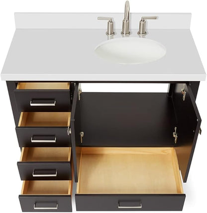 ARIEL Cambridge 42-inch Bathroom Vanity with Sink,Solid Wood, 1.5-inch Pure White Quartz Countertop & Backsplash, Single Oval Porcelain Sink, 2 Soft Closing Doors, 5 Dovetail Drawers, Espresso