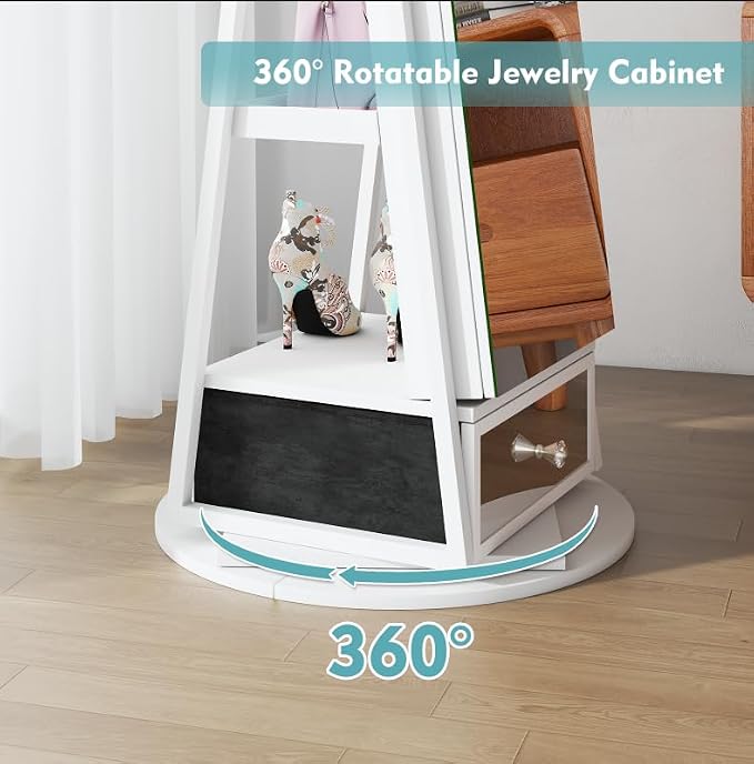 Mirror Jewelry Cabinet Standing, 360° Swivel Jewelry Armoire | with Drawer LED Lights, Lockable Jewelry Organizer with Storage Shelves