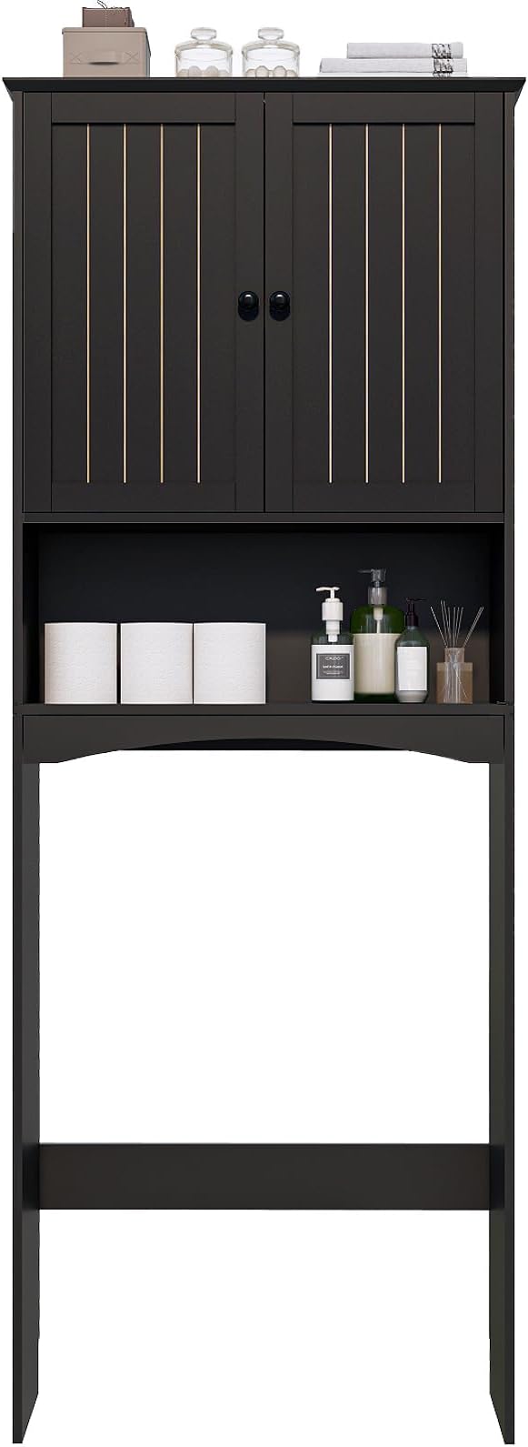 Over The Toilet Storage Cabinet for Small Bathrooms, Freestanding Space Saver with Double Doors & 2 Fixed Shelves, Stable Wood Organizer with Anti-Tip Kit, Fits 33-Inch Clearance Black