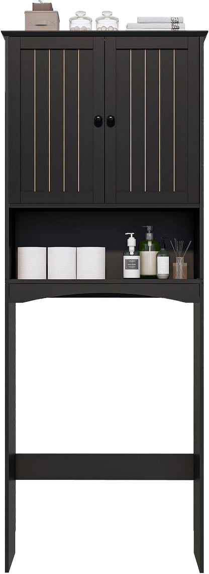 Over The Toilet Storage Cabinet for Small Bathrooms, Freestanding Space Saver with Double Doors & 2 Fixed Shelves, Stable Wood Organizer with Anti-Tip Kit, Fits 33-Inch Clearance Black