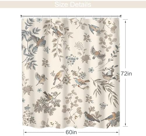 MESHELLY Floral and Birds Shower Curtain 60Wx72H Vintage Farmhouse Garden Flower Leaf Plant Beige Green Nature Elegant Chinoiserie Bath Curtain Cloth Fabric Bathroom Accessories Decor with 12 Hooks