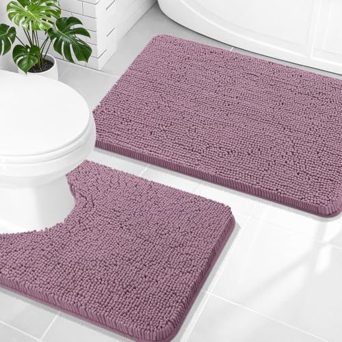 OLANLY Chenille Bathroom Rugs Mats Sets 2 Piece, 30"x20"+24"x20", Deep Plum