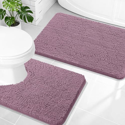OLANLY Chenille Bathroom Rugs Mats Sets 2 Piece, 30"x20"+24"x20", Deep Plum