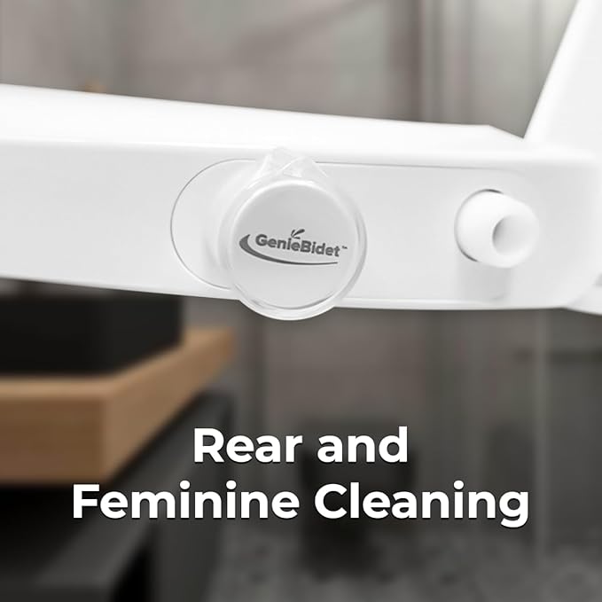 GenieBidet Left Side Bidet Toilet Seat Elongated - Dual Nozzles with T adapter & Bottle - Adjustable Water Pressure & Slow Close Bidet Seat Elongated with No Wiring & Easy Installation