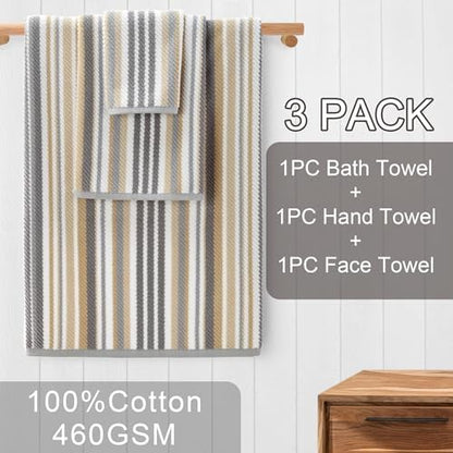 VOOVA & MOVAS Striped Towels 3 Pack, 100% Cotton, Gray Beige