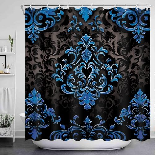 NBVKO 4Pcs Luxury Damascus Blue Flower Pattern Shower Curtain Set with 12 Hooks Non-Slip Rugs,Toilet Lid Cover and Bath Mat,Dark Gold Bathroom Decor for Hotel & Home Bathroom
