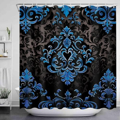 NBVKO 4Pcs Luxury Damascus Blue Flower Pattern Shower Curtain Set with 12 Hooks Non-Slip Rugs,Toilet Lid Cover and Bath Mat,Dark Gold Bathroom Decor for Hotel & Home Bathroom
