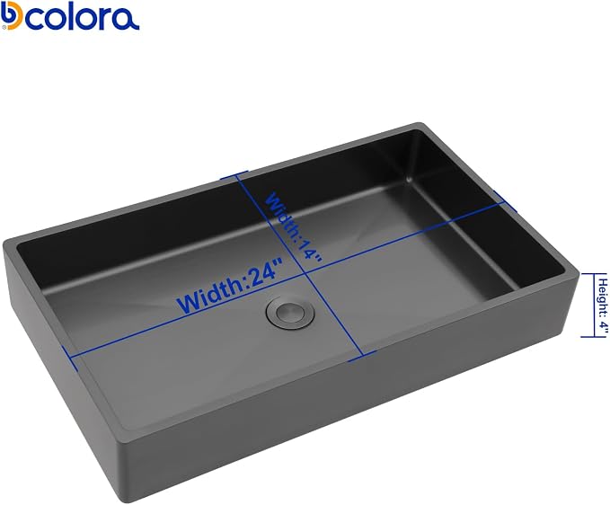 Dcolora 24 In. Black Drop In Bathroom Vessel Sink, 16 Gauge Stainless Steel, Rectangle Design with Drain Assembly, 14"D x 24"W x 4"H #DC-VS261205
