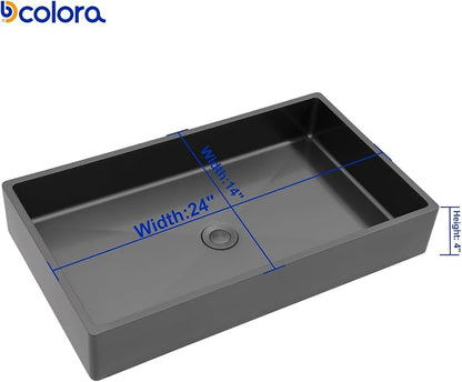 Dcolora 24 In. Black Drop In Bathroom Vessel Sink, 16 Gauge Stainless Steel, Rectangle Design with Drain Assembly, 14"D x 24"W x 4"H #DC-VS261205