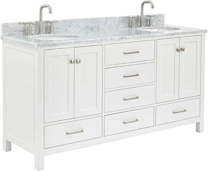 ARIEL Cambridge 66-inch Bathroom Vanity with Sink,Solid Wood, 0.75-inch Italian Carrara Marble Countertop & Backsplash, Double Oval Porcelain Sink, 4 Soft Closing Doors, 6 Dovetail Drawers, White