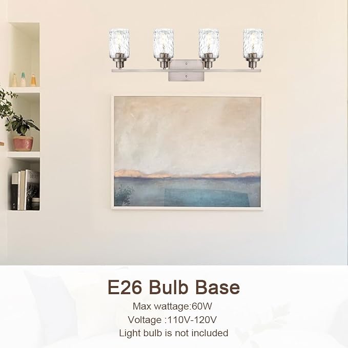 MELUCEE Brushed Nickel Bathroom Vanity Light with Clear Hammered Glass | 4-Light Wall Light Fixtures Modern Wall Lamp for Powder Room Bedroom Porch (Patent No.: US D963914 S)