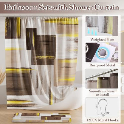 XLHOMO Bathroom Set - Brown Bathroom Accessories Set, Bathroom Sets with Shower Curtain and Rugs, Brown Shower Curtain Set with Bathroom Trash Can, Soap Dispenser, Soap Dish for Home Decor