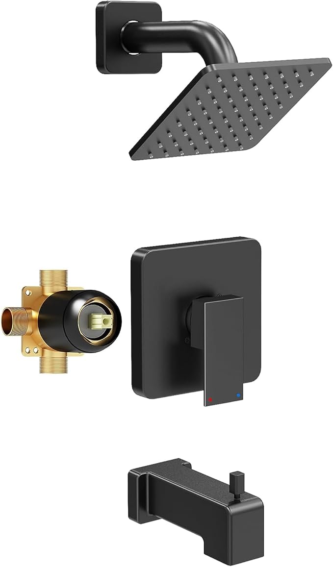 Esnbia Shower Faucet Set, Shower Head and Handle Set with 6-Inch Rain Shower Head and Tub Spout, All Metal Single-Handle Bathtub Shower Faucet Trim Kit (Shower Valve Include), Matte Black | Complete tub and shower trim kit with 6-inch rainfall head, si...