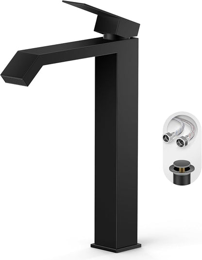 Single Handle Tall Bathroom Vessel Sink Faucet,Matte Black Square Single Hole Waterfall Above Counter Sink Faucet with Metal Pop Up Drain Without Overflow and Water Supply Line,FH05-MB-V