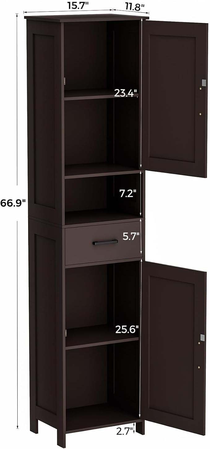 Homhedy 67" H Tall Bathroom Storage Cabinet with Barn Doors and Drawer | Narrow Storage Unit with Adjustable Shelves, Floor Cabinet for Bathroom, Living Room, Entryway or Kitchen, Brown, 15.7" W