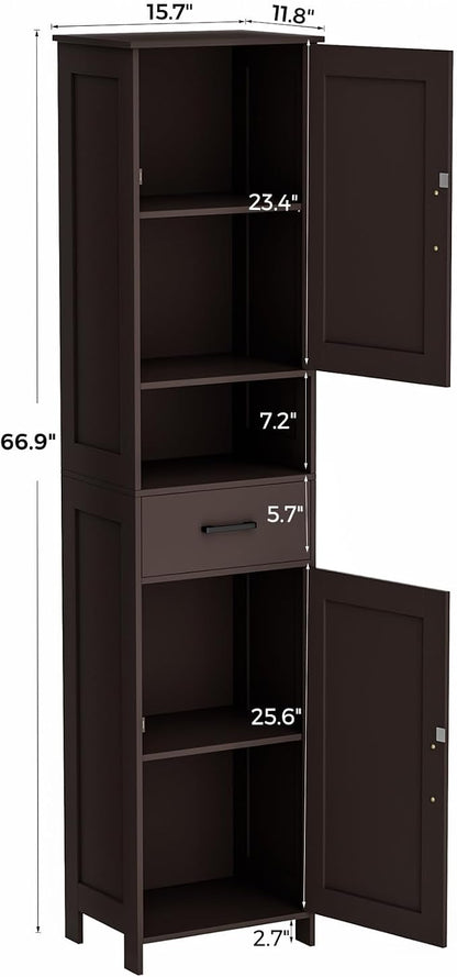 Homhedy 67" H Tall Bathroom Storage Cabinet with Barn Doors and Drawer | Narrow Storage Unit with Adjustable Shelves, Floor Cabinet for Bathroom, Living Room, Entryway or Kitchen, Brown, 15.7" W