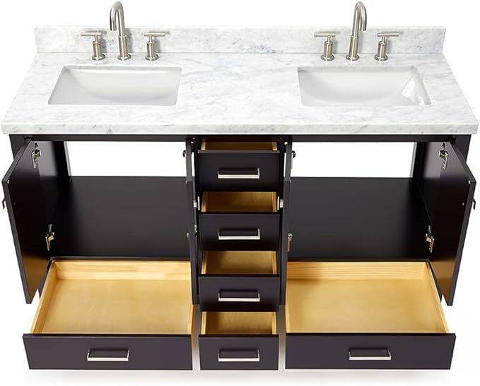 ARIEL Cambridge 60-inch Bathroom Vanity with Sink,Solid Wood, 1.5-inch Italian Carrara Marble Countertop, Double Rectangular Porcelain Sink, 4 Soft Closing Doors, 6 Dovetail Drawers, Espresso