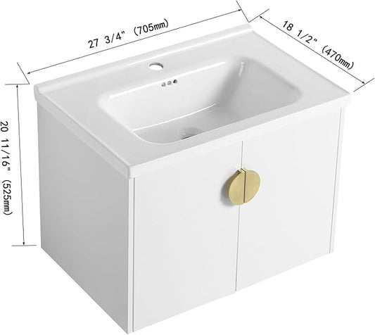 28inch Wall Mount Bathroom Vanity w/Sink Combo for Small Space, Modern Ceramic Countertop Double Door Cabinet, Floating White Vanity Set w/Gold Handle