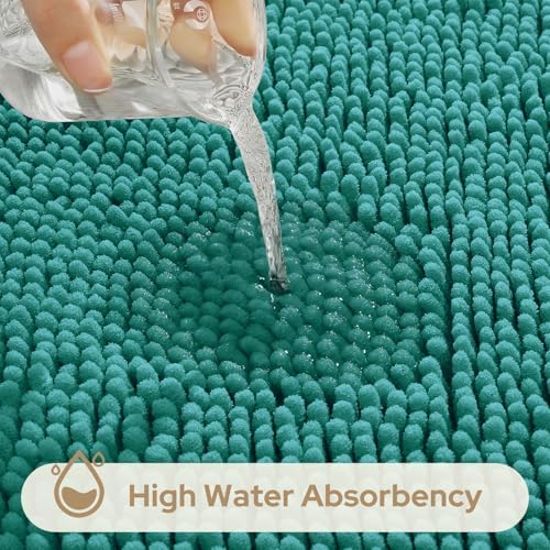 HOMEIDEAS Teal Chenille Bathroom Rugs Set of 3, Non Slip Bath Mat