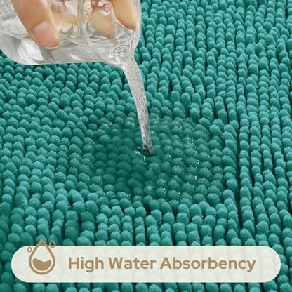 HOMEIDEAS Teal Chenille Bathroom Rugs Set of 3, Non Slip Bath Mat