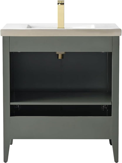 HOMEBEYOND 30" Bathroom Vanity with Ceramic Sink, Solid Wood Free-Standing Vanities Cabinet, Ceramic Top, Golden Brushed Handware & Soft Closing Door, Vintage Green