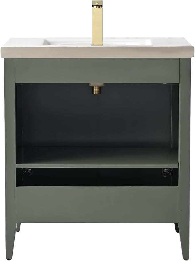 Vanity Art 30 inch Bathroom Vanity with Single Sink & Ceramic Top, Vanity Cabinet with Soft-Closing Door, Solid Wood Frame, Linear Pattern, Vintage Green, Golden Brushed Handware VA9130-VG-GB