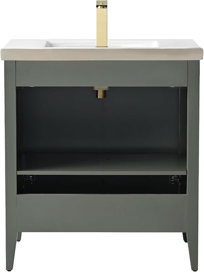 Vanity Art 30 inch Bathroom Vanity with Single Sink & Ceramic Top, Vanity Cabinet with Soft-Closing Door, Solid Wood Frame, Linear Pattern, Vintage Green, Golden Brushed Handware VA9130-VG-GB